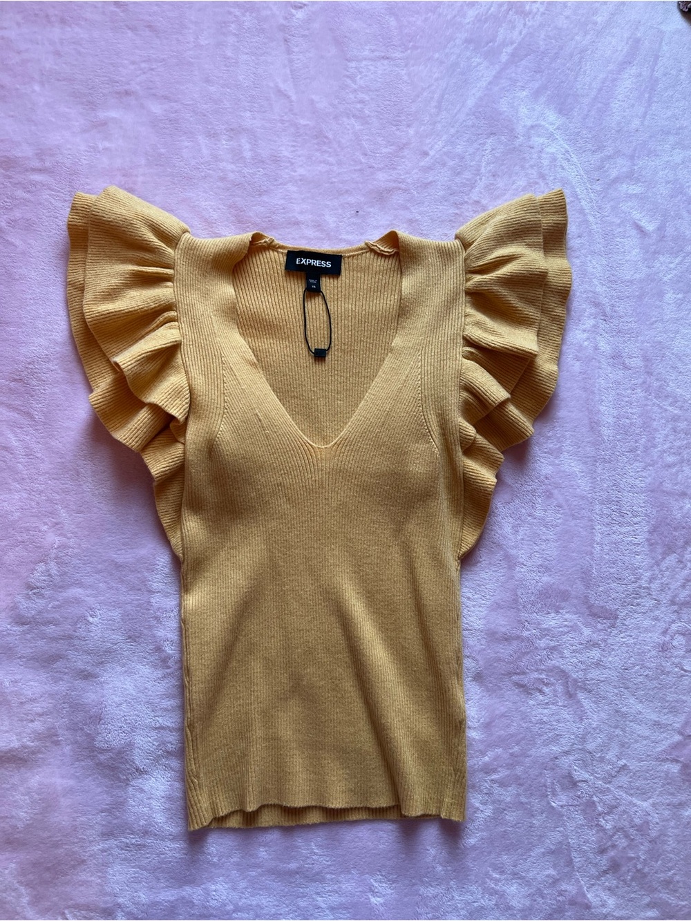 Express Yellow Ruffle Sleeve V‑Neck Knit Top